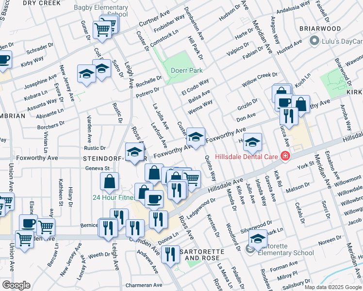 map of restaurants, bars, coffee shops, grocery stores, and more near 1795 Foxworthy Avenue in San Jose