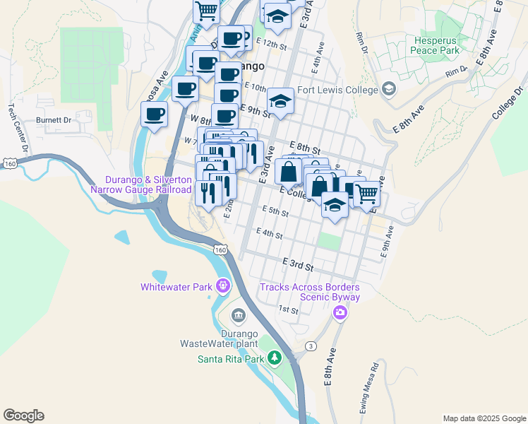 map of restaurants, bars, coffee shops, grocery stores, and more near 429 East 4th Avenue in Durango