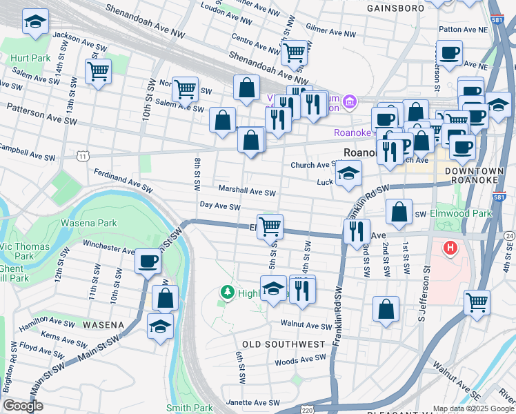map of restaurants, bars, coffee shops, grocery stores, and more near 529 Day Avenue Southwest in Roanoke