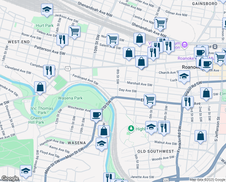 map of restaurants, bars, coffee shops, grocery stores, and more near 805 U.S. 221 in Roanoke