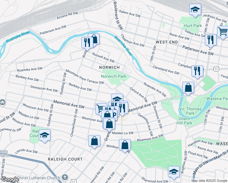 map of restaurants, bars, coffee shops, grocery stores, and more near 2002 Berkley Avenue Southwest in Roanoke
