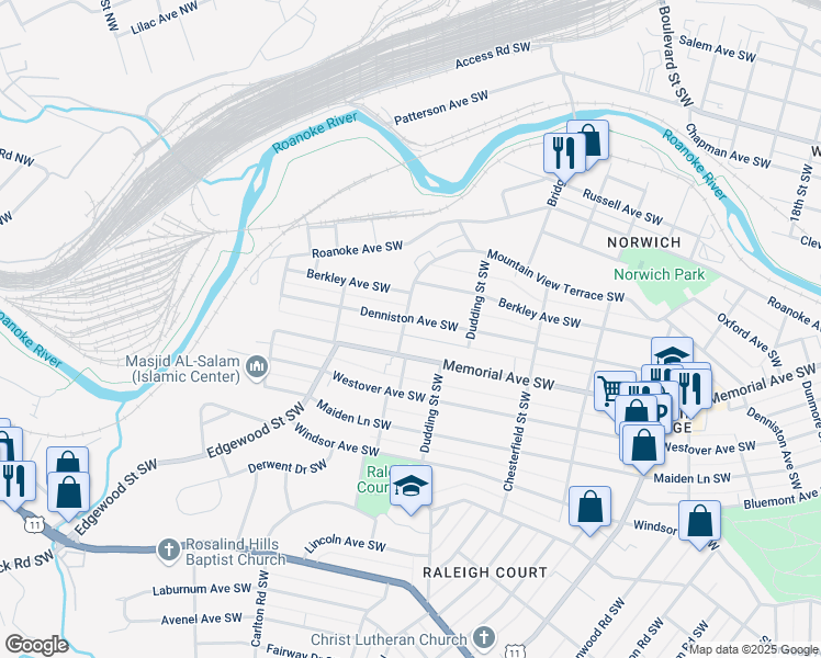 map of restaurants, bars, coffee shops, grocery stores, and more near 2333 Memorial Avenue Southwest in Roanoke