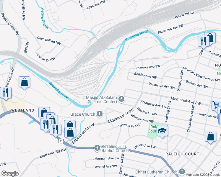 map of restaurants, bars, coffee shops, grocery stores, and more near 2657 Westover Avenue Southwest in Roanoke