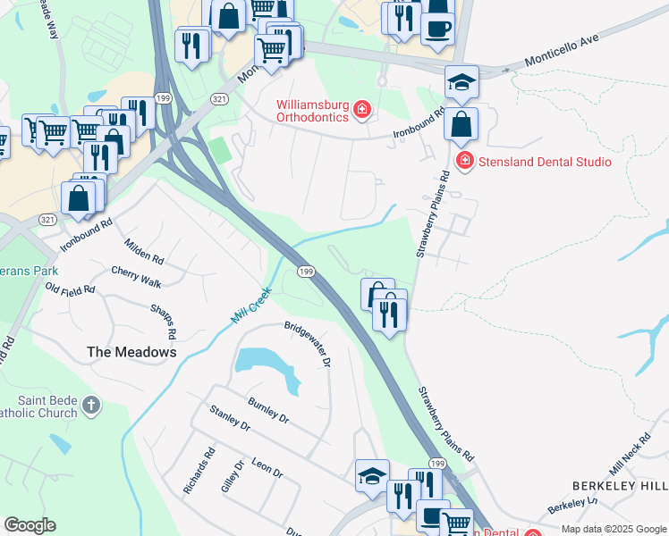 map of restaurants, bars, coffee shops, grocery stores, and more near 4028 Midlands Road in Williamsburg