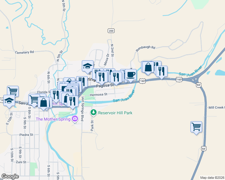 map of restaurants, bars, coffee shops, grocery stores, and more near 214 Hermosa Street in Pagosa Springs