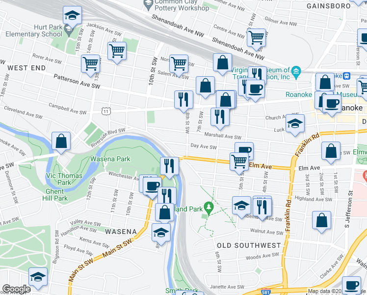 map of restaurants, bars, coffee shops, grocery stores, and more near 805 U.S. 221 in Roanoke