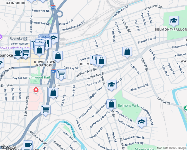 map of restaurants, bars, coffee shops, grocery stores, and more near 804 Bullitt Avenue Southeast in Roanoke