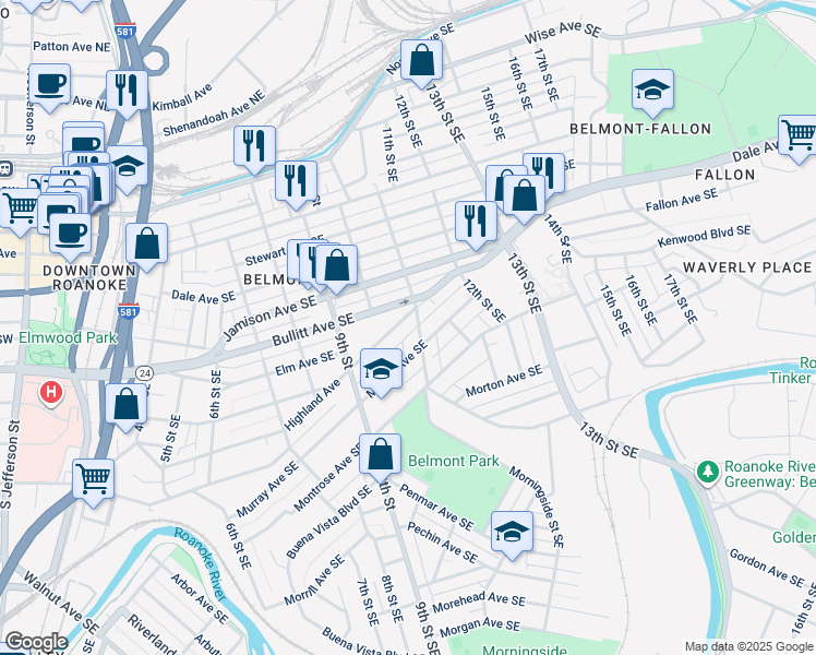 map of restaurants, bars, coffee shops, grocery stores, and more near 1031 Highland Avenue Southeast in Roanoke