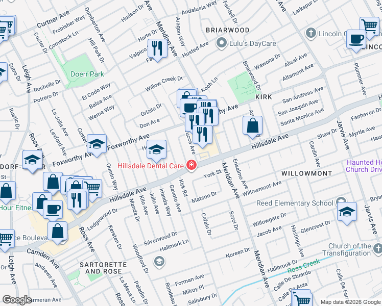 map of restaurants, bars, coffee shops, grocery stores, and more near 3221 Franela Drive in San Jose