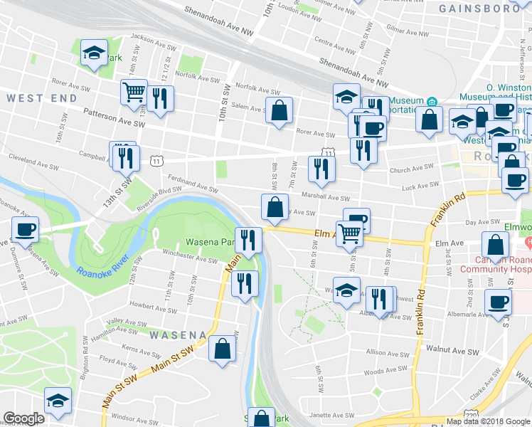 map of restaurants, bars, coffee shops, grocery stores, and more near 810 Day Avenue Southwest in Roanoke