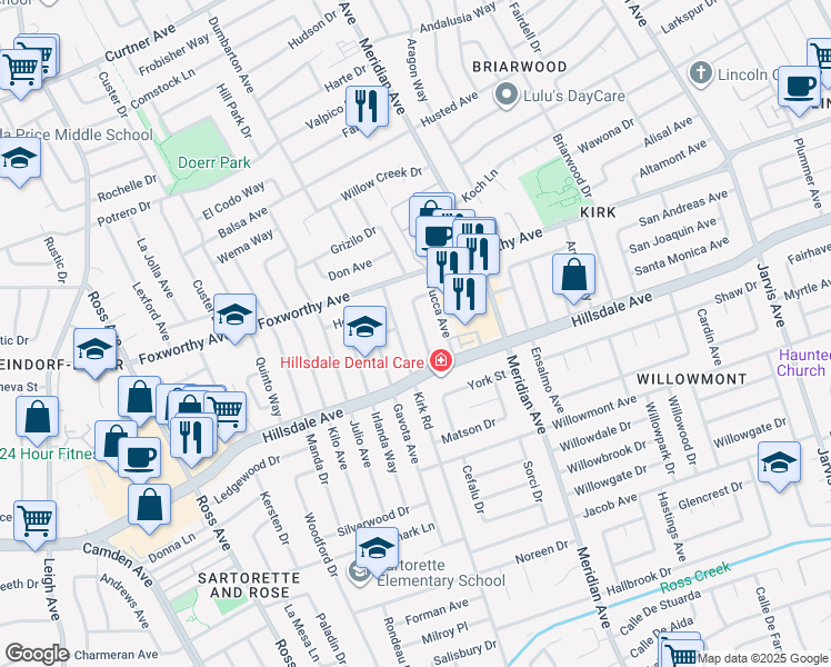map of restaurants, bars, coffee shops, grocery stores, and more near 3155 Franela Drive in San Jose