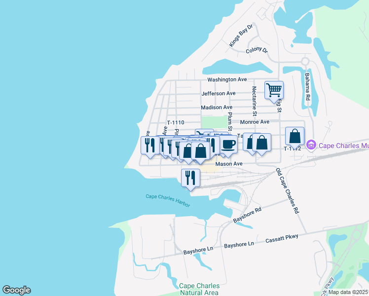 map of restaurants, bars, coffee shops, grocery stores, and more near 217 Randolph Avenue in Cape Charles