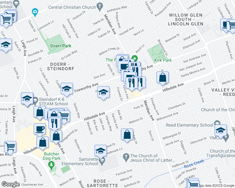 map of restaurants, bars, coffee shops, grocery stores, and more near 3155 Franela Drive in San Jose