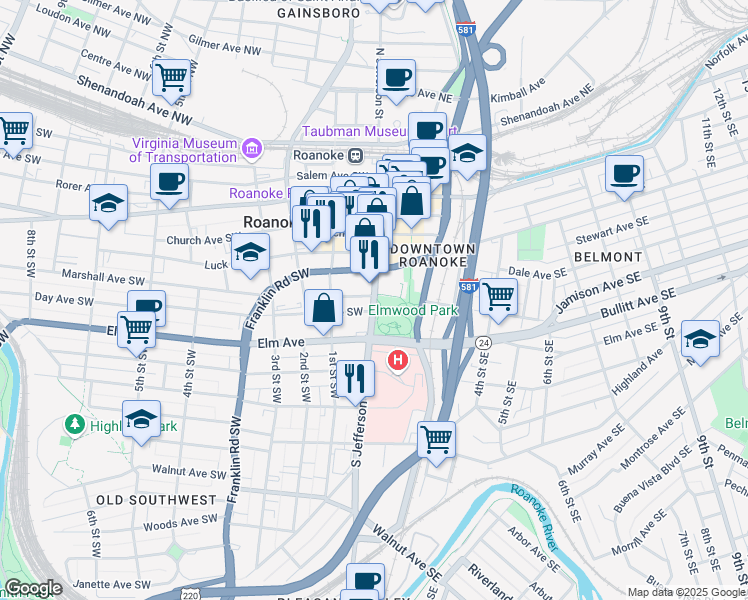 map of restaurants, bars, coffee shops, grocery stores, and more near 620 Highway 116 in Roanoke