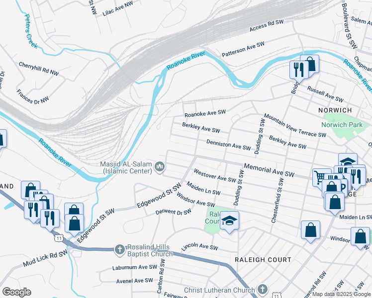 map of restaurants, bars, coffee shops, grocery stores, and more near 2522 Memorial Avenue Southwest in Roanoke