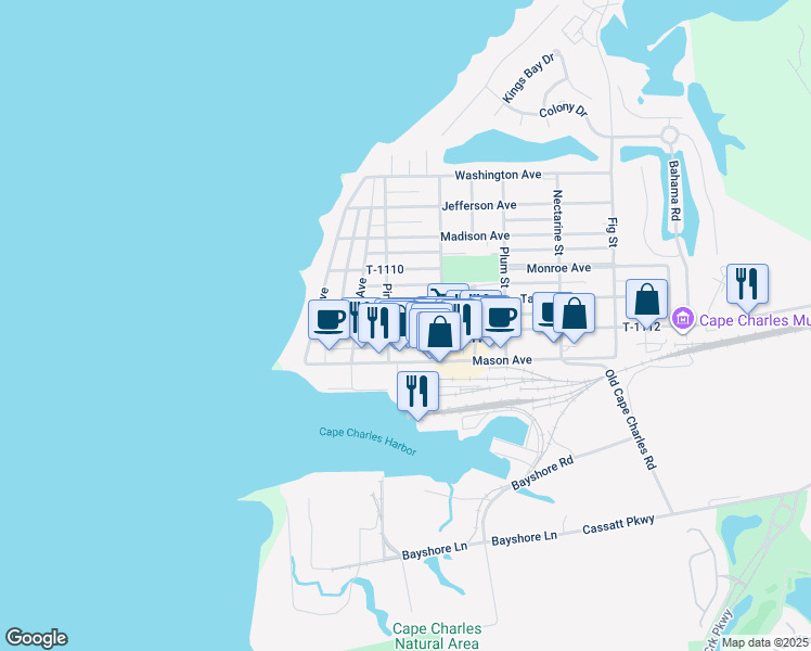 map of restaurants, bars, coffee shops, grocery stores, and more near 217 Randolph Avenue in Cape Charles
