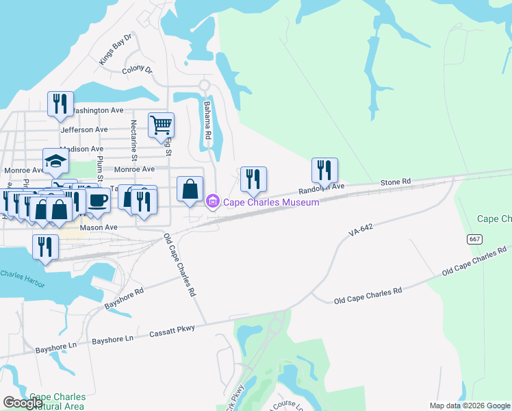 map of restaurants, bars, coffee shops, grocery stores, and more near 831 Heritage Acres Court in Cape Charles