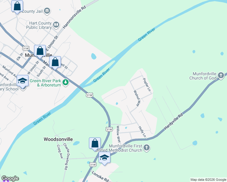 map of restaurants, bars, coffee shops, grocery stores, and more near 2-398 Whitman Road in Munfordville