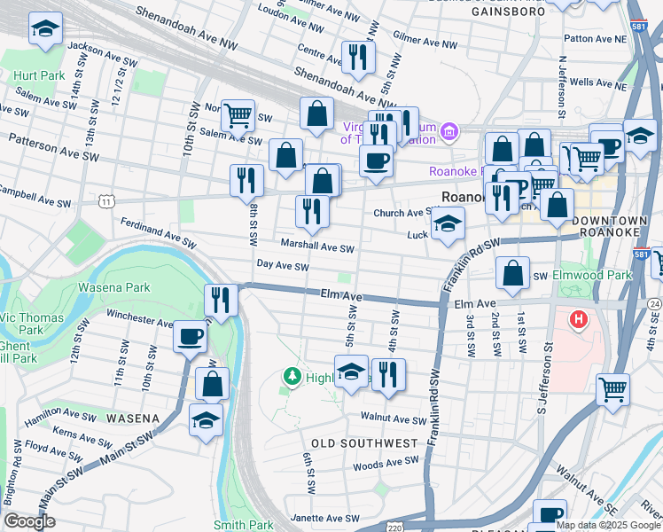 map of restaurants, bars, coffee shops, grocery stores, and more near 529 Day Avenue Southwest in Roanoke
