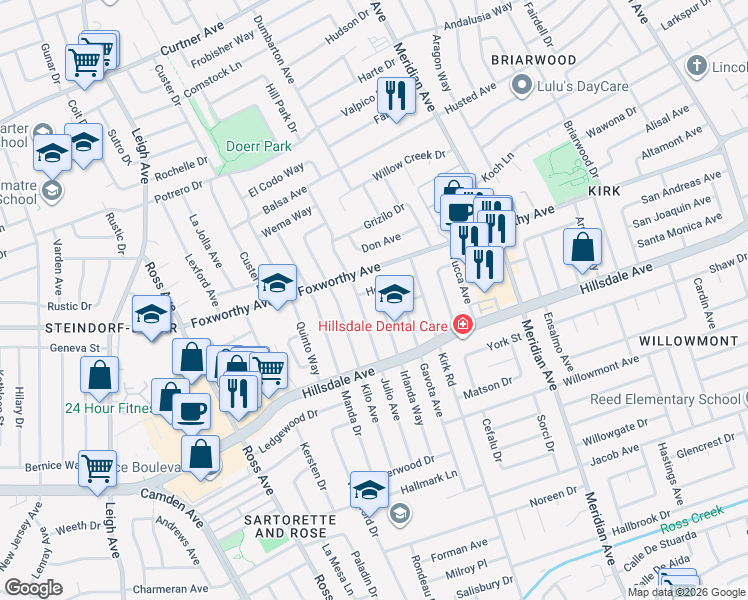 map of restaurants, bars, coffee shops, grocery stores, and more near 1722 Foxworthy Avenue in San Jose