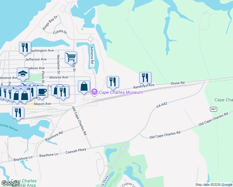map of restaurants, bars, coffee shops, grocery stores, and more near 831 Heritage Acres Court in Cape Charles