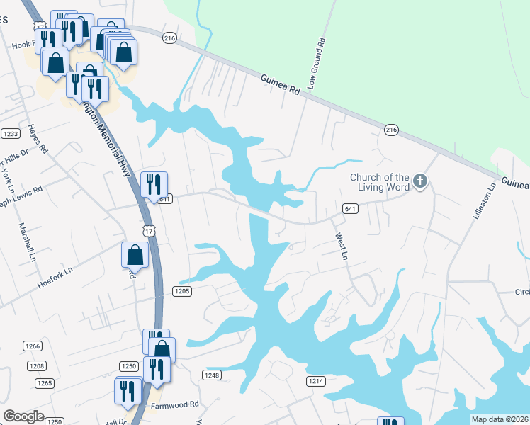 map of restaurants, bars, coffee shops, grocery stores, and more near Tidemill Road in Gloucester Point