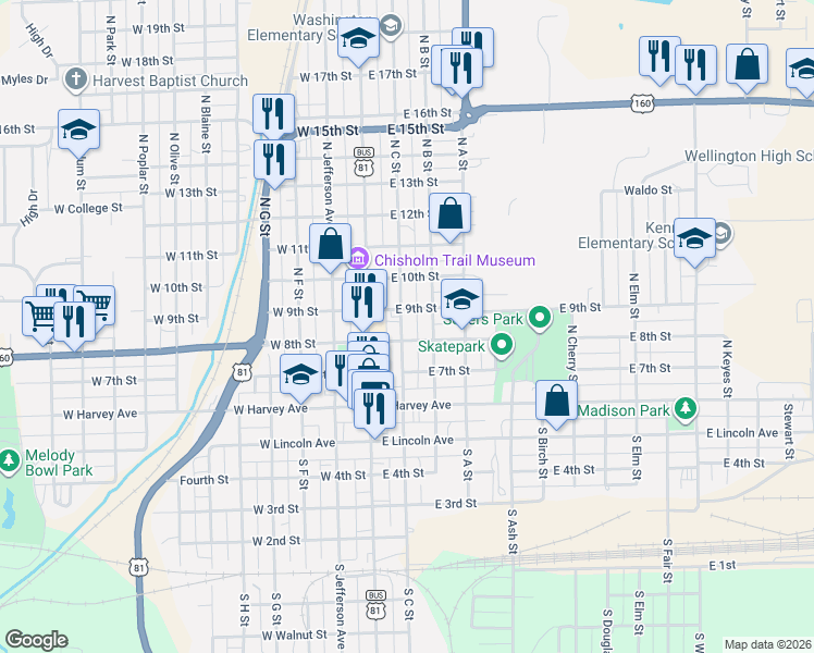 map of restaurants, bars, coffee shops, grocery stores, and more near 403 North C Street in Wellington