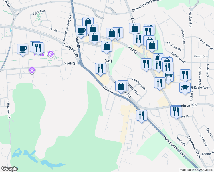map of restaurants, bars, coffee shops, grocery stores, and more near 411 York Street in Williamsburg