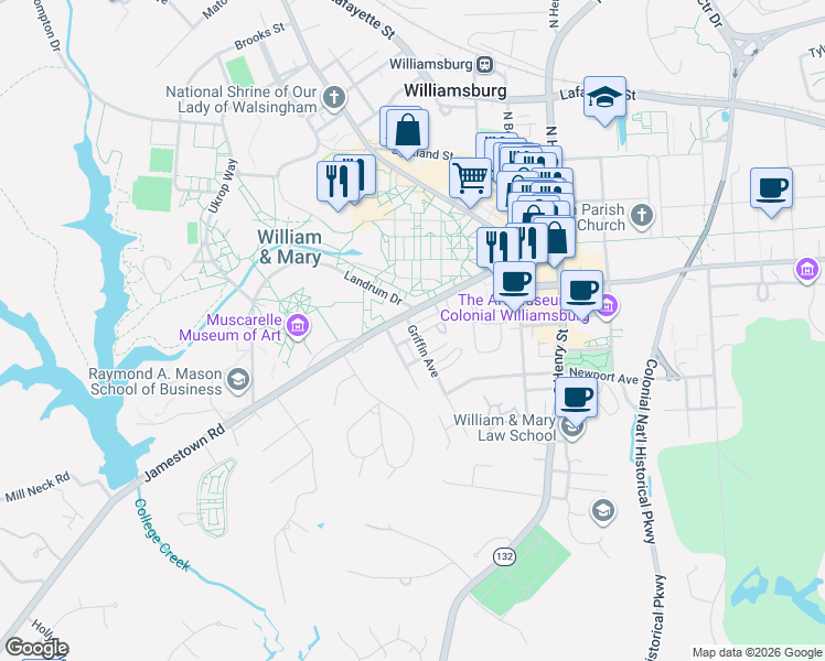 map of restaurants, bars, coffee shops, grocery stores, and more near 313 Virginia 5 in Williamsburg