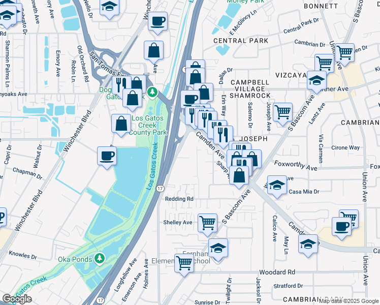 map of restaurants, bars, coffee shops, grocery stores, and more near 1347-1599 White Oaks Rd in Campbell