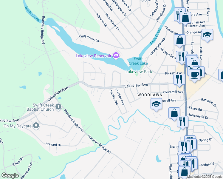map of restaurants, bars, coffee shops, grocery stores, and more near 713 Lakeview Avenue in Colonial Heights