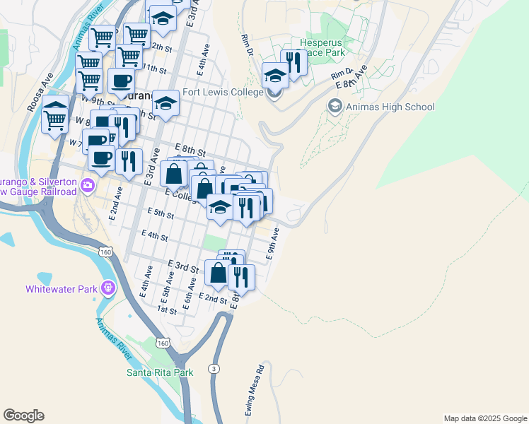 map of restaurants, bars, coffee shops, grocery stores, and more near in Durango