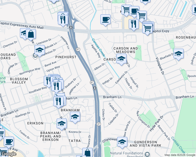 map of restaurants, bars, coffee shops, grocery stores, and more near 676 Faye Park Drive in San Jose