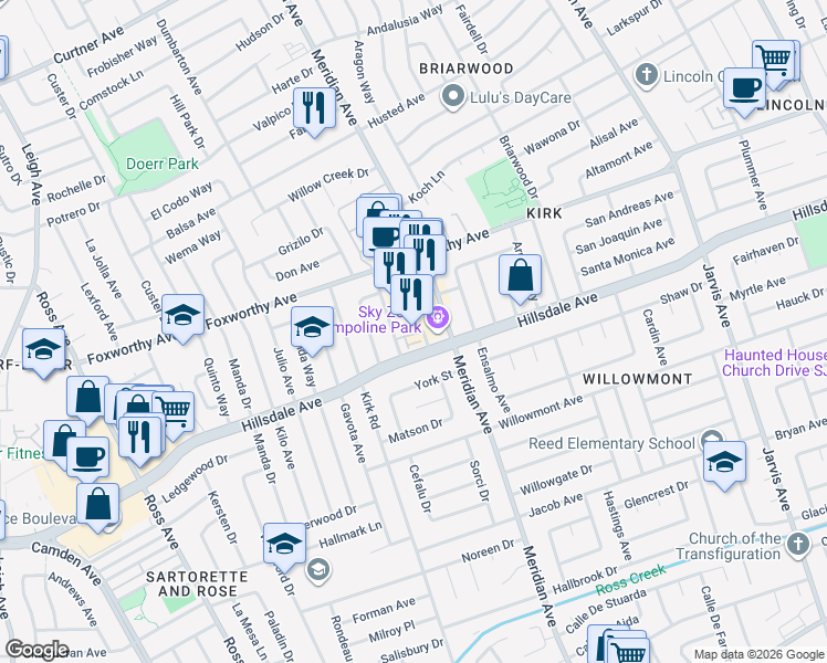 map of restaurants, bars, coffee shops, grocery stores, and more near 3129 Meridian Avenue in San Jose
