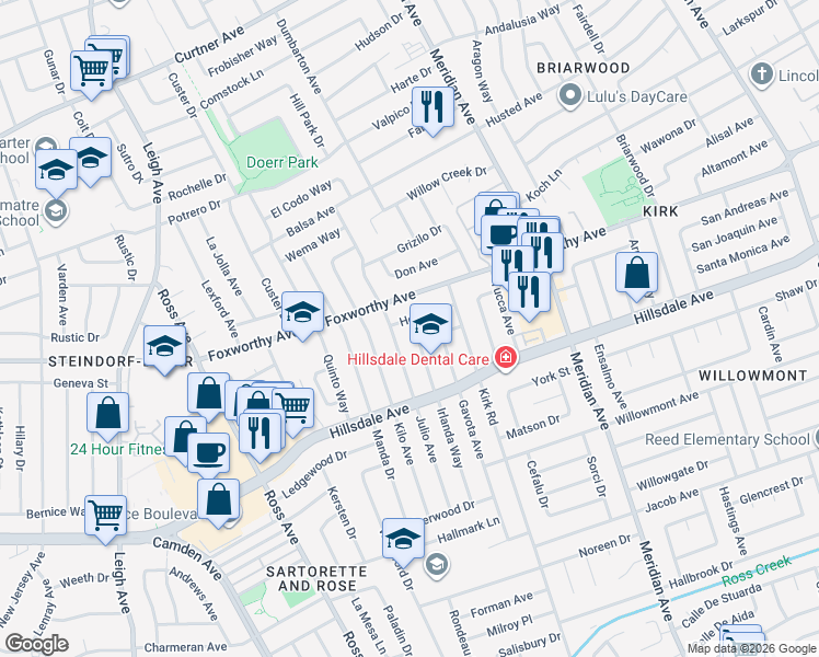 map of restaurants, bars, coffee shops, grocery stores, and more near 1722 Foxworthy Avenue in San Jose