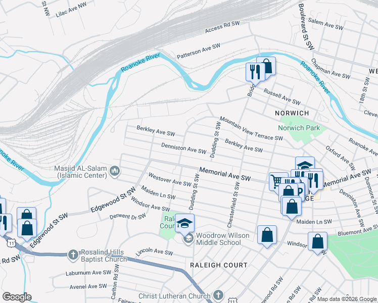map of restaurants, bars, coffee shops, grocery stores, and more near 2355 Denniston Avenue Southwest in Roanoke