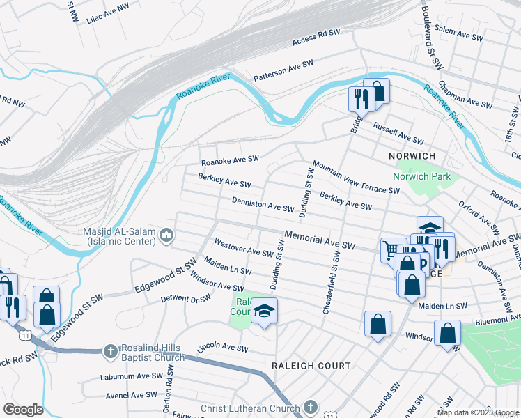 map of restaurants, bars, coffee shops, grocery stores, and more near 2413 Denniston Avenue Southwest in Roanoke