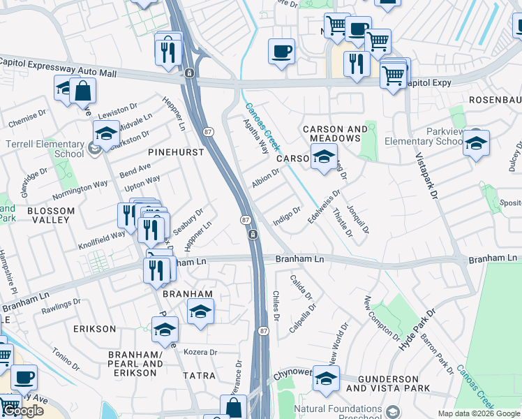 map of restaurants, bars, coffee shops, grocery stores, and more near 676 Faye Park Drive in San Jose