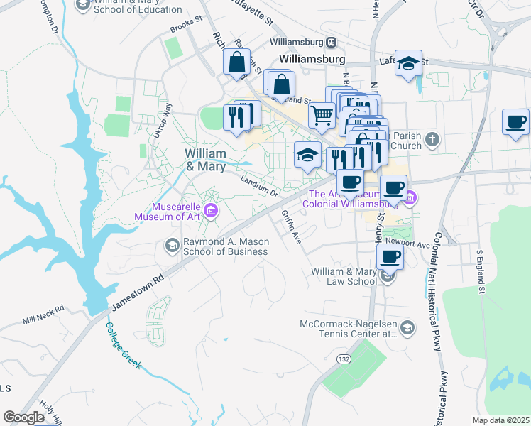 map of restaurants, bars, coffee shops, grocery stores, and more near 692 Landrum Drive in Williamsburg