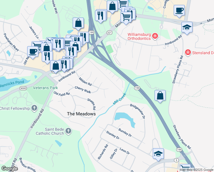 map of restaurants, bars, coffee shops, grocery stores, and more near 4861 Milden Road in Williamsburg