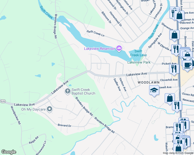 map of restaurants, bars, coffee shops, grocery stores, and more near 919 Lakeview Avenue in Colonial Heights