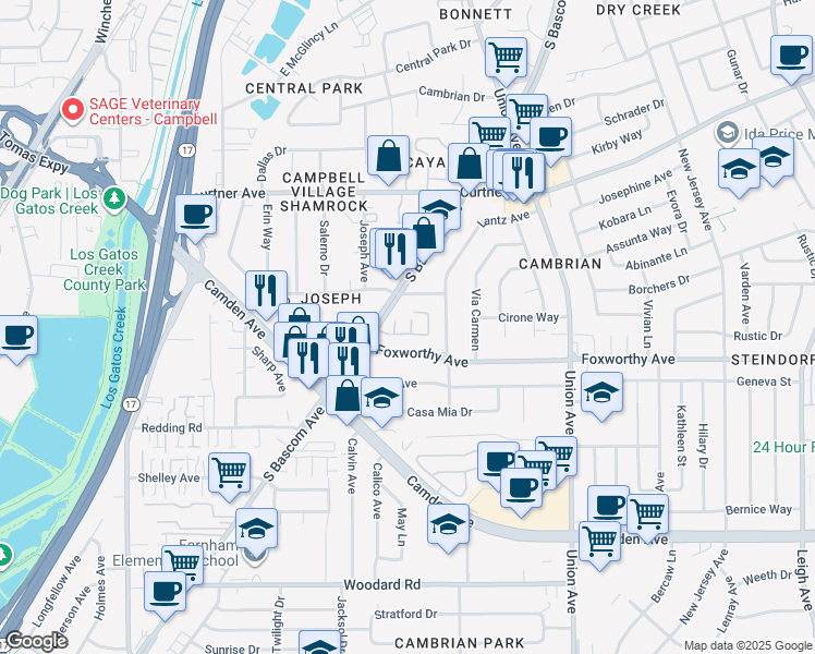 map of restaurants, bars, coffee shops, grocery stores, and more near 2277 Sun Glory Lane in San Jose