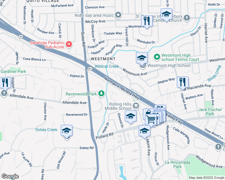 map of restaurants, bars, coffee shops, grocery stores, and more near 1350 Elwood Drive in Los Gatos