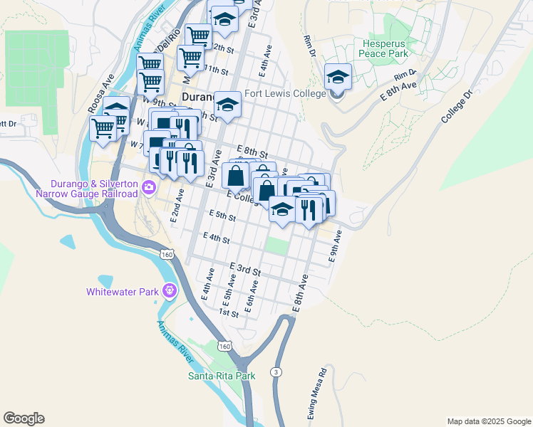 map of restaurants, bars, coffee shops, grocery stores, and more near in Durango