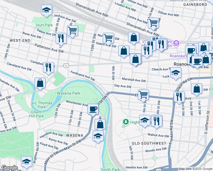 map of restaurants, bars, coffee shops, grocery stores, and more near 822 Day Avenue Southwest in Roanoke