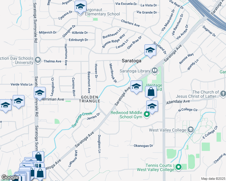 map of restaurants, bars, coffee shops, grocery stores, and more near 19938 Baroni Court in Saratoga