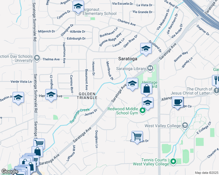 map of restaurants, bars, coffee shops, grocery stores, and more near 19938 Baroni Court in Saratoga