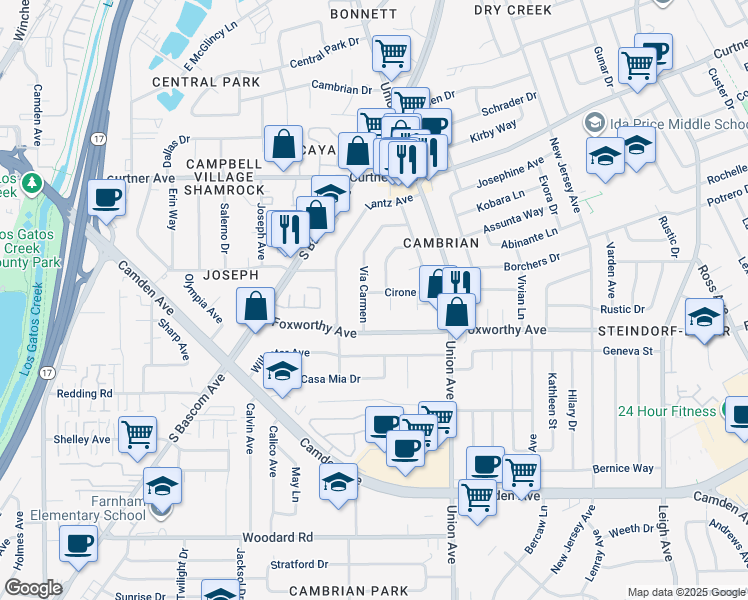 map of restaurants, bars, coffee shops, grocery stores, and more near 2092 Cirone Way in San Jose
