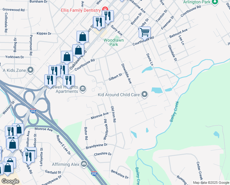 map of restaurants, bars, coffee shops, grocery stores, and more near 1512 Huntington Court in Hopewell