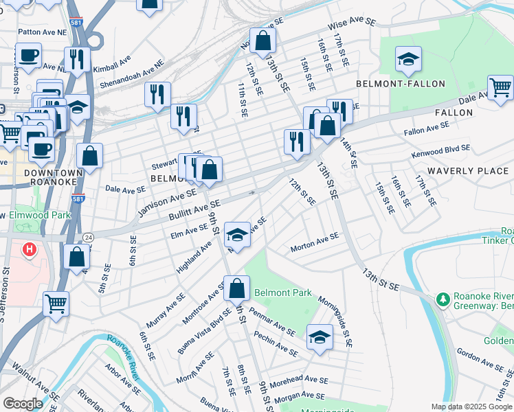 map of restaurants, bars, coffee shops, grocery stores, and more near 1037 Highland Avenue Southeast in Roanoke